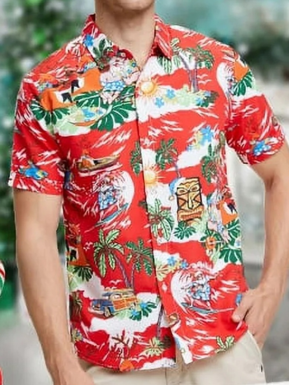 SSLR Red Hawaiian Tiki Print Short-Sleeve Casual Tropical‎ Shirt. Size Large.
